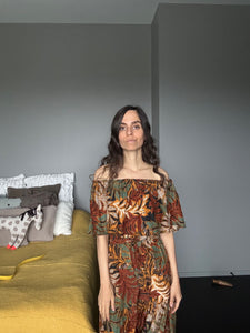 Botanical Print Silk Long Dress