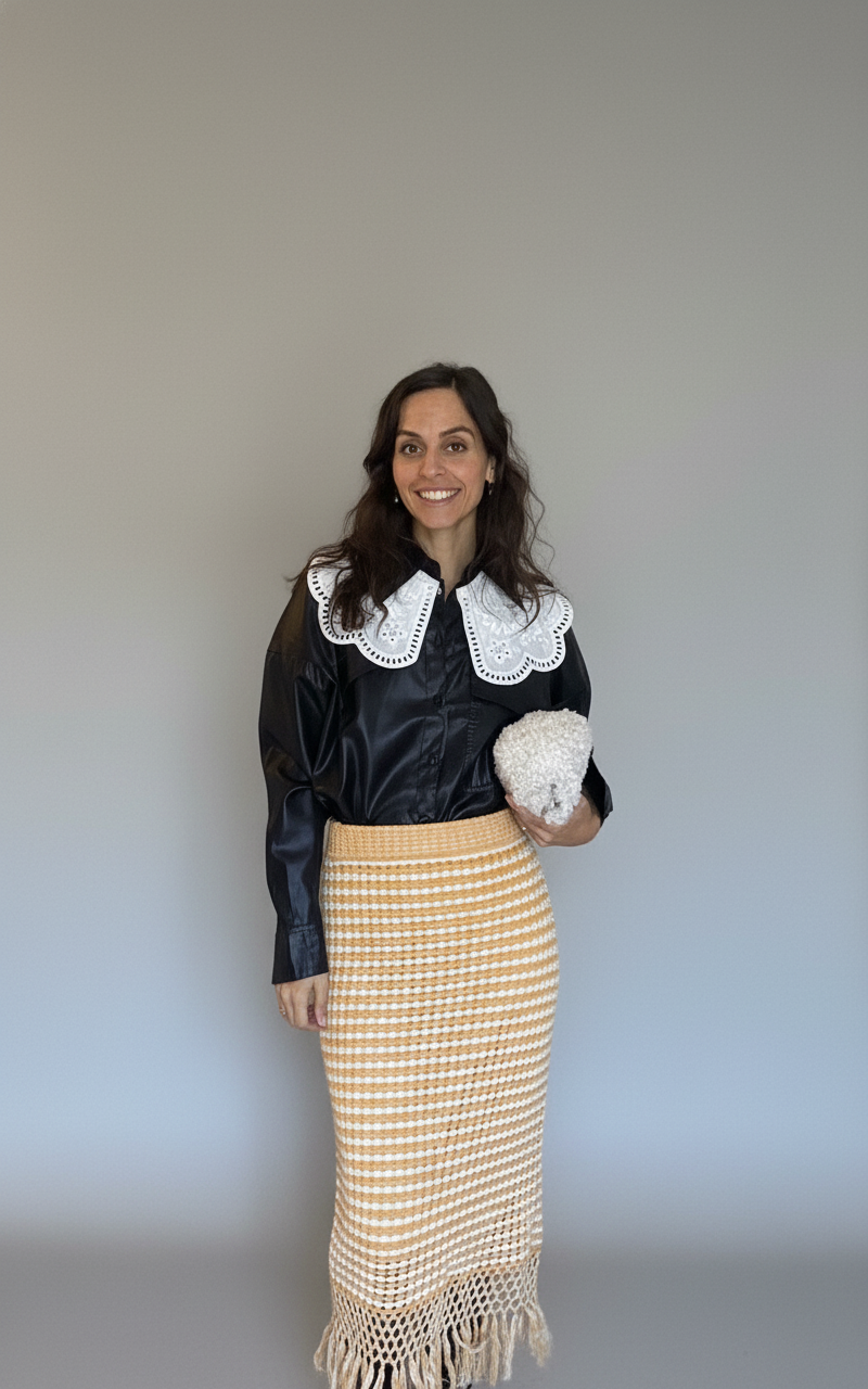 Woman wearing a black blouse with white lace collar and a beige skirt against a plain background