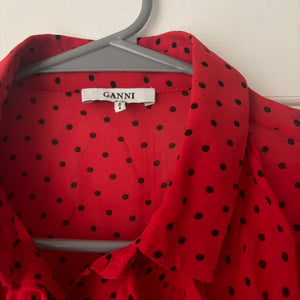 GANNI -  Polka Dot Print Long Sleeve Button-Up Top Size: M | US6, DK36