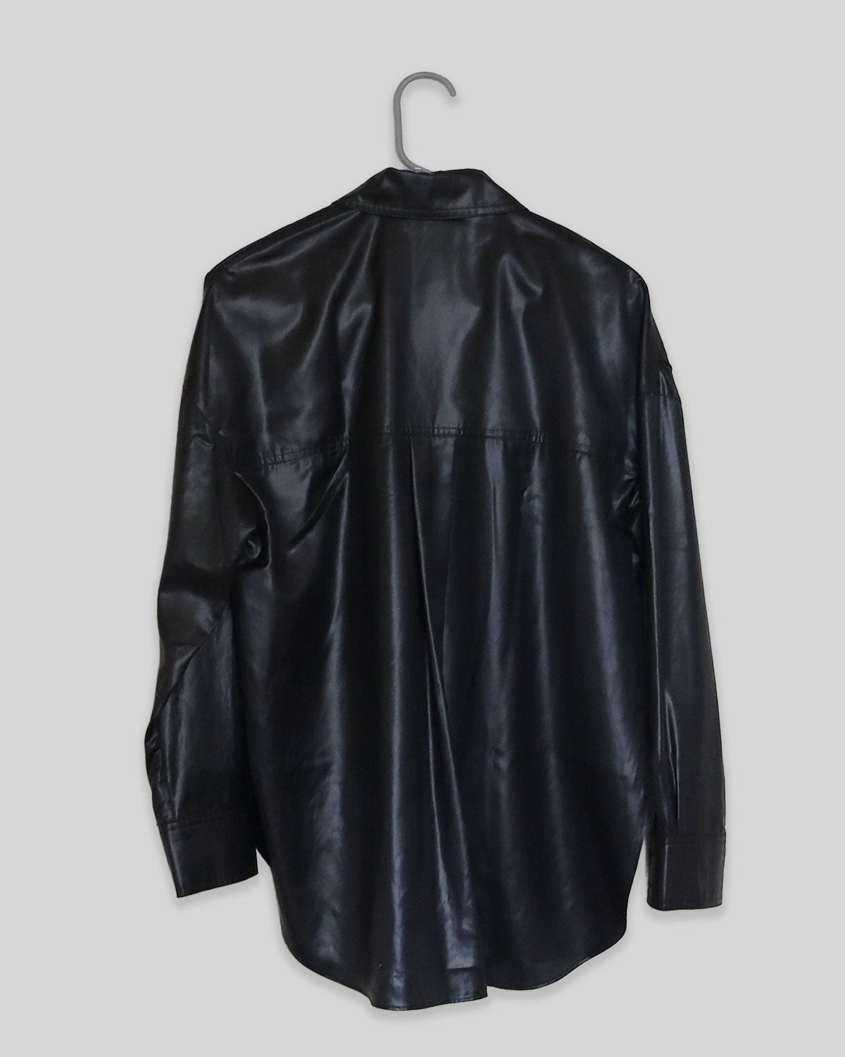 Faux Leather Long Sleeve Button-Up Top